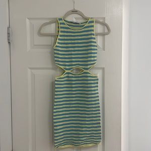 Bershka Blue & Yellow Striped Cutout Mini Dress